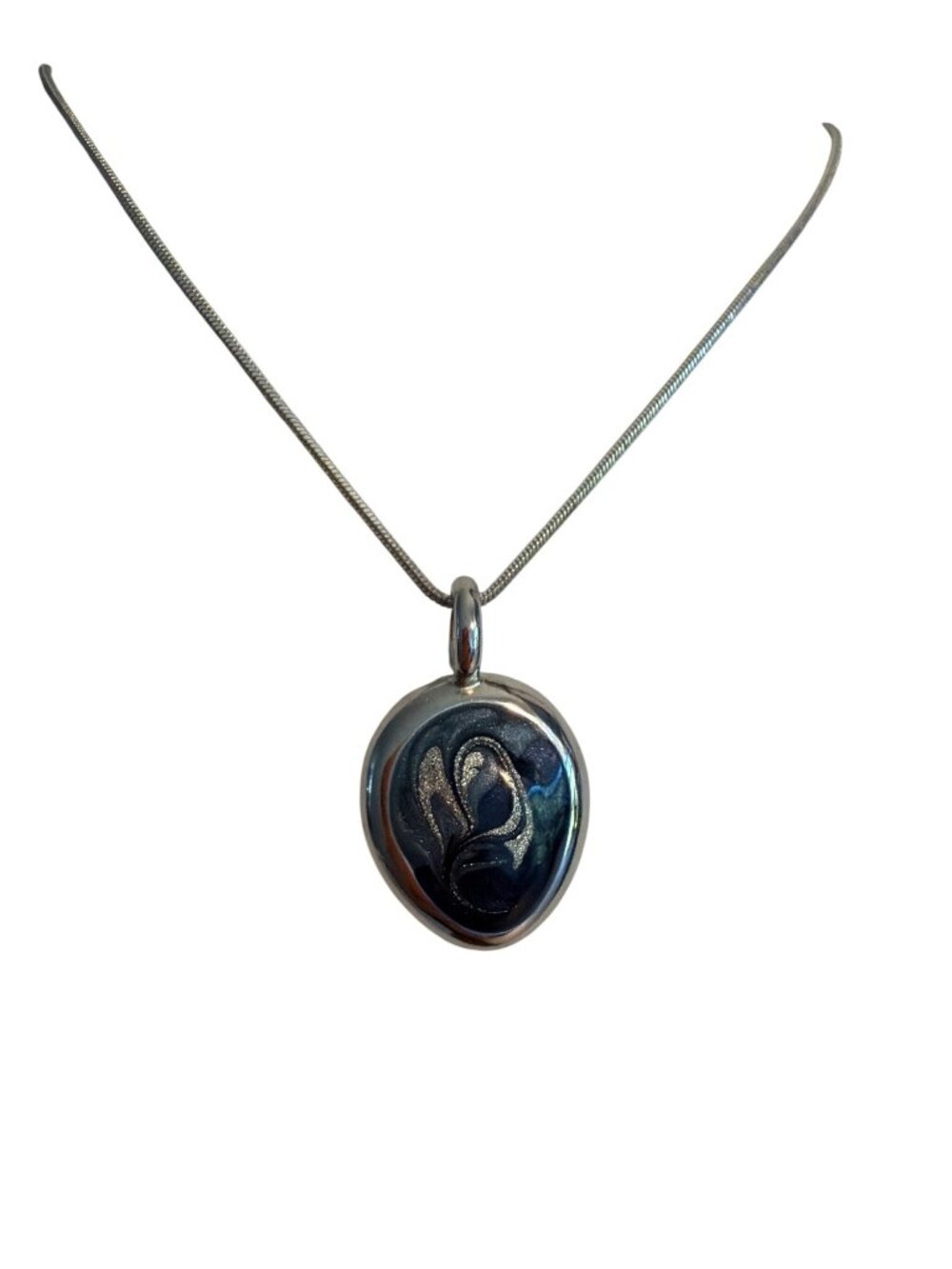 Silver Tone Pendant Necklace Blue Silver Swirl Enamel Snake Chain Adj 19"